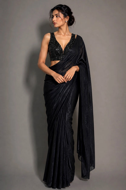 Black Sparkling Georgette Saree with Heavy Beads Work Blouse