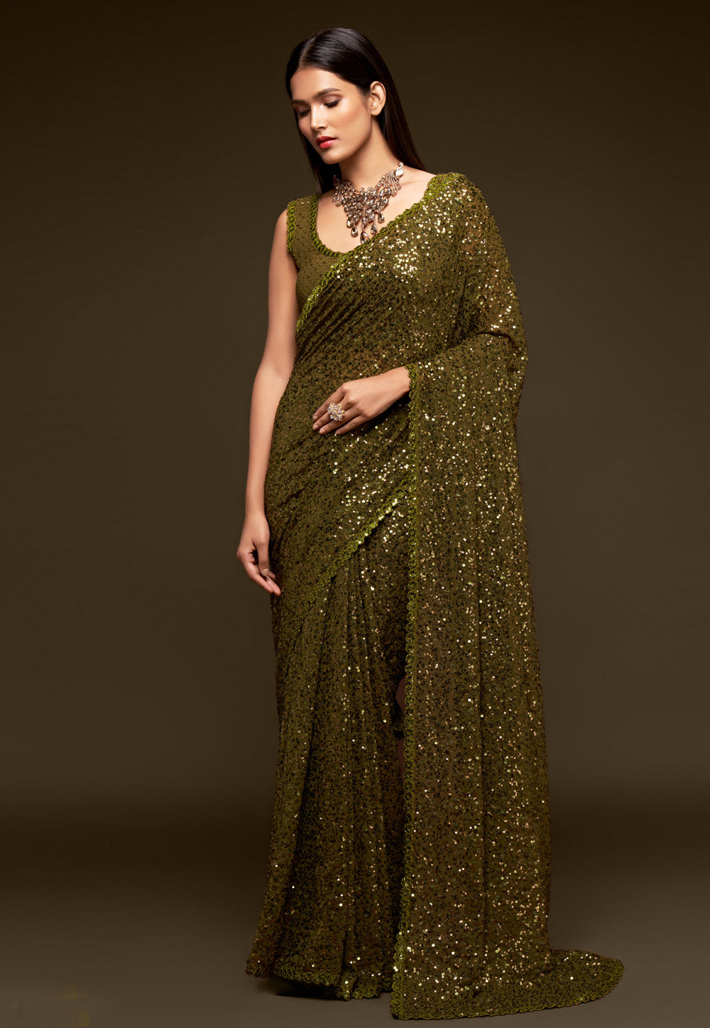 Mehendi Green Heavy Sequins Work Bridesmaid Saree with Blouse