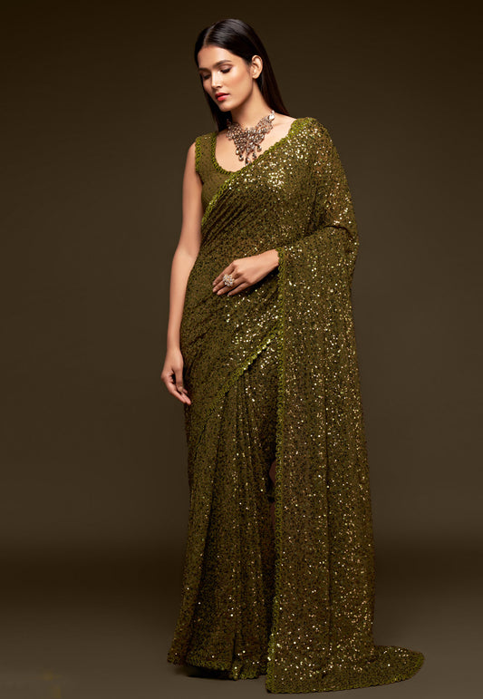 Mehendi Green Heavy Sequins Work Bridesmaid Saree with Blouse