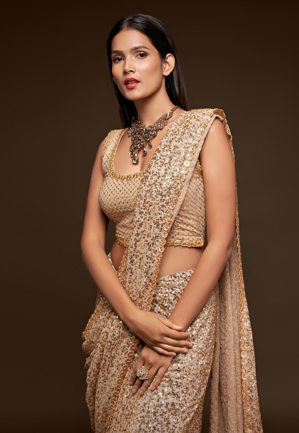 Beige Heavy Sequins Work Bridesmaid Saree with Blouse