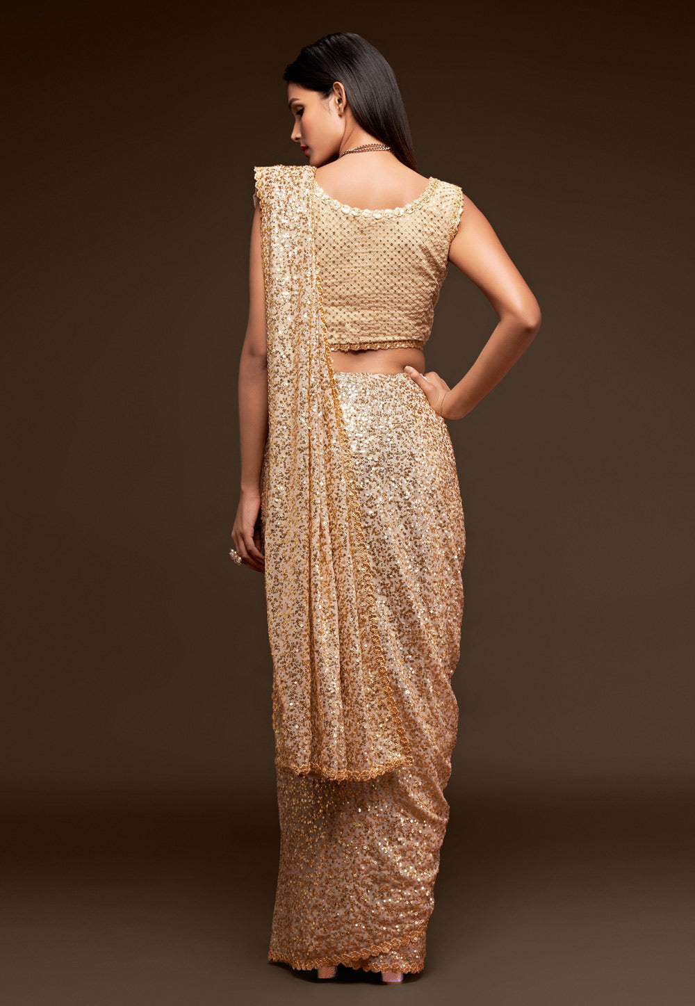 Beige Heavy Sequins Work Bridesmaid Saree with Blouse