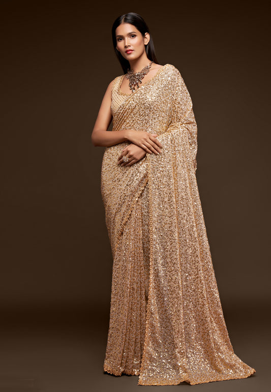 Beige Heavy Sequins Work Bridesmaid Saree with Blouse