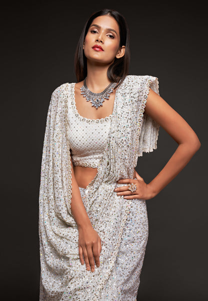 White Heavy Sequins Work Bridesmaid Saree with Blouse