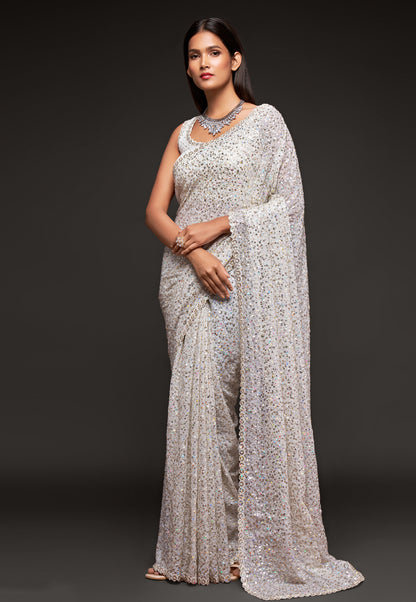 White Heavy Sequins Work Bridesmaid Saree with Blouse