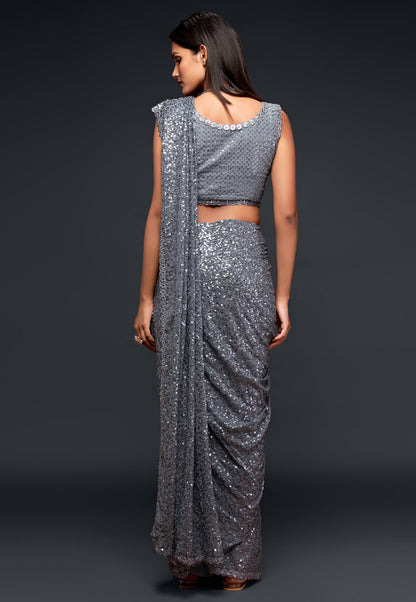 Grey Heavy Sequins Work Bridesmaid Saree with Blouse