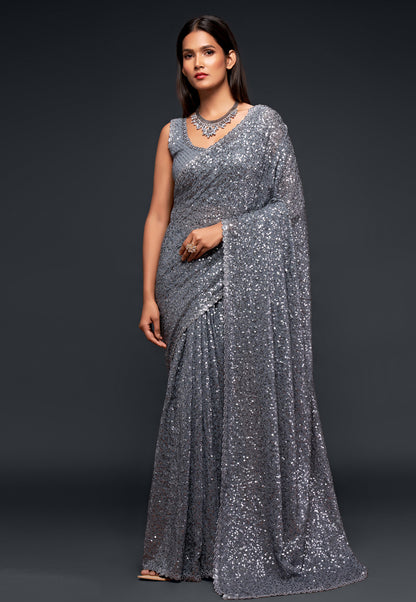 Grey Heavy Sequins Work Bridesmaid Saree with Blouse