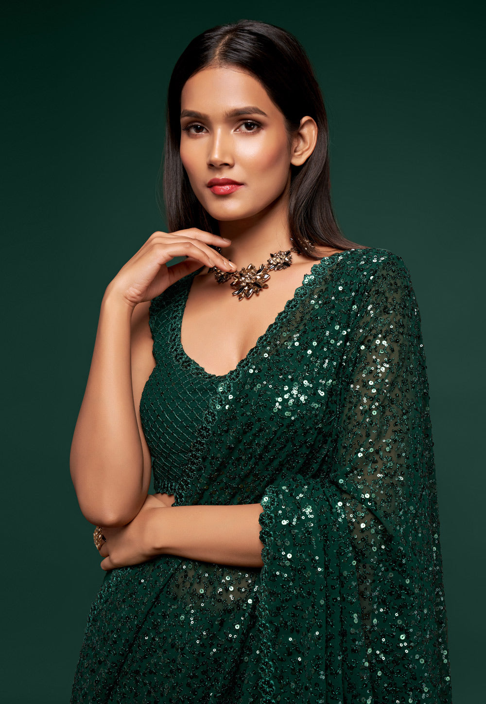 Dark Green Heavy Sequins Work Bridesmaid Saree with Blouse 38 / Green / Georgette