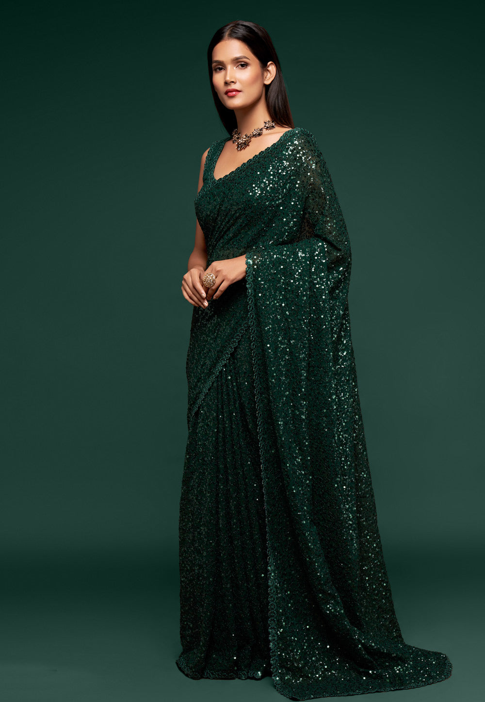 Dark Green Heavy Sequins Work Bridesmaid Saree with Blouse