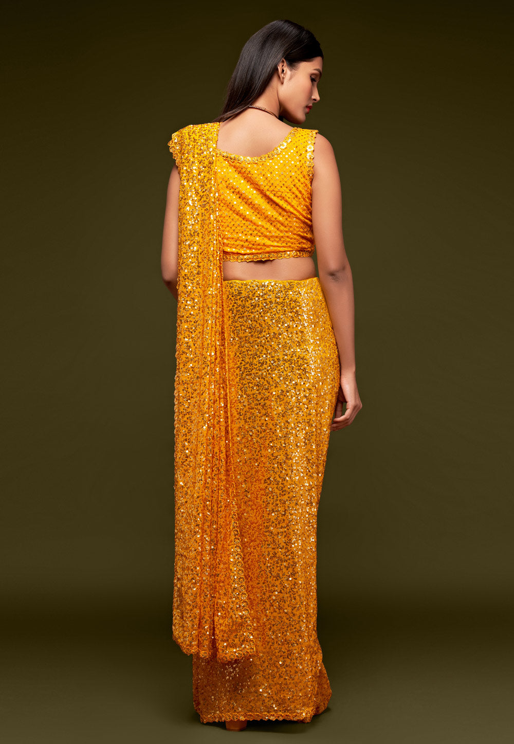 Yellow Heavy Sequins Work Bridesmaid Saree with Blouse