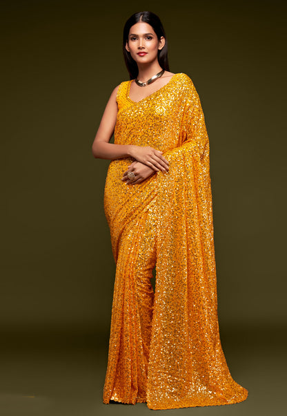 Yellow Heavy Sequins Work Bridesmaid Saree with Blouse