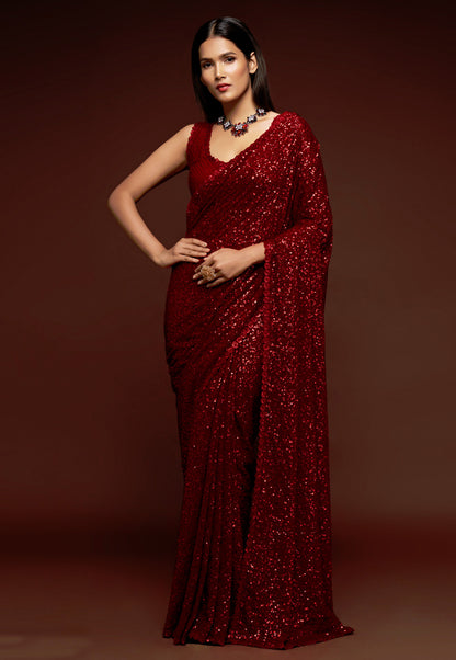 Red Heavy Sequins Work Bridesmaid Saree with Blouse