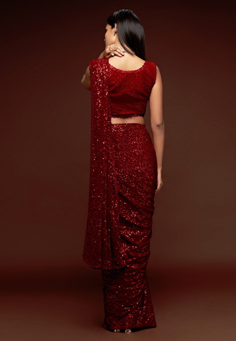 Red Heavy Sequins Work Bridesmaid Saree with Blouse