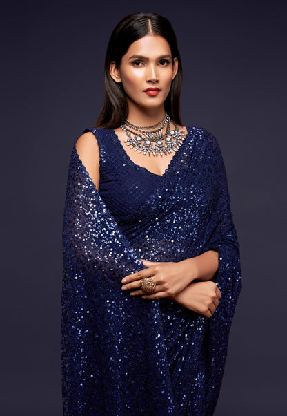 Navy Blue Heavy Sequins Work Bridesmaid Saree with Blouse