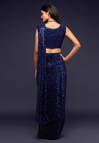 Navy Blue Heavy Sequins Work Bridesmaid Saree with Blouse