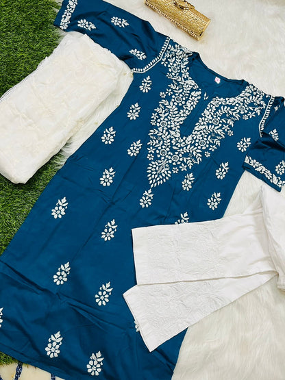 Blue 3-Piece Lucknowi Chikankari Kurti Set with Chiffon Dupatta