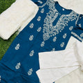 Blue 3-Piece Lucknowi Chikankari Kurti Set with Chiffon Dupatta