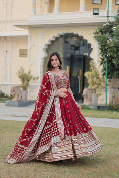 Red Opulent Zari Bloom Lehenga Choli Set for Bridesmaid, Wedding , Navratri