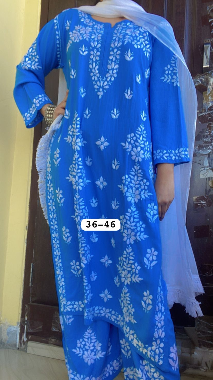 Elegant Blue Summer Special Premium Modal Lucknow Chikankari Handwork Kurta Palazzo Set