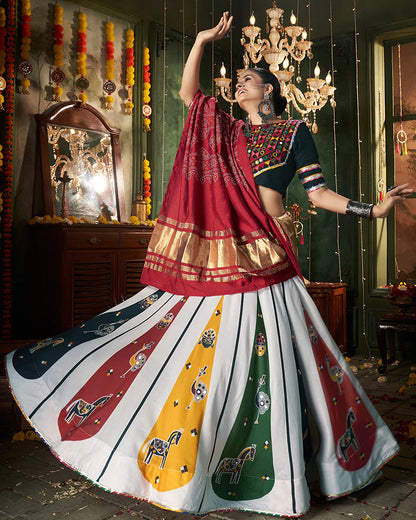 Beautiful White Multicolor Cotton Navratri Garba Chaniya Choli Set 6 Meter Flair