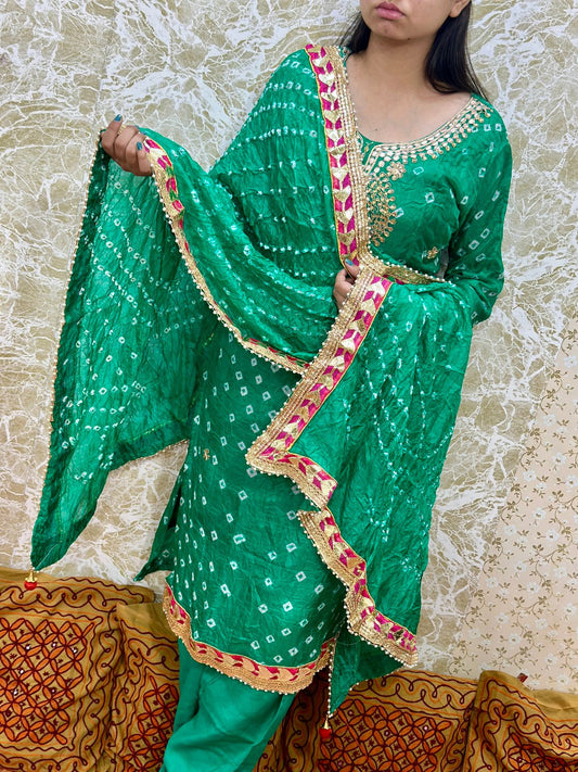 Green Silk Bandhani Salwar Kameez with Dupatta