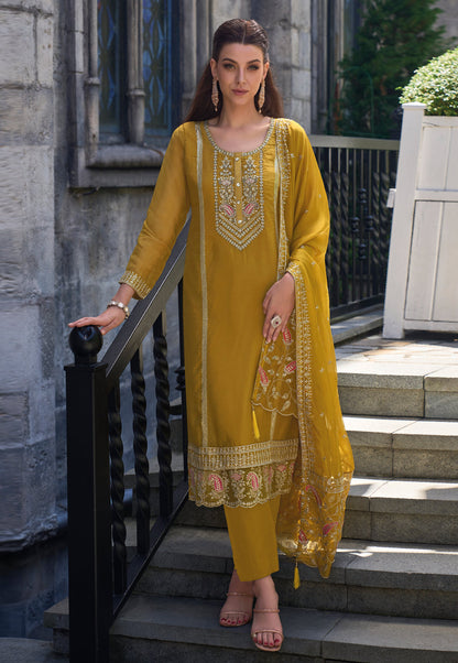 Mustard Embroidered Silk Palazzo Suit with Bandhani Dupatta – Wedding & Eid Special