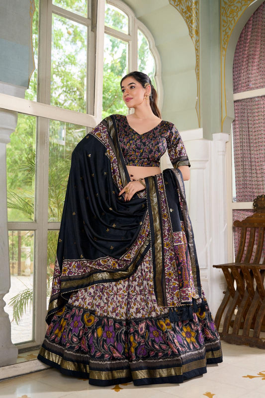 Black Contemporary Tussar Silk Navratri Garba Lehenga Chaniya Choli