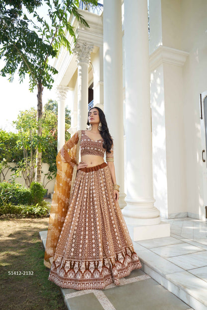 Light Brown A-Line Net Party Wear Lehenga Choli with Resham and Sequins Work