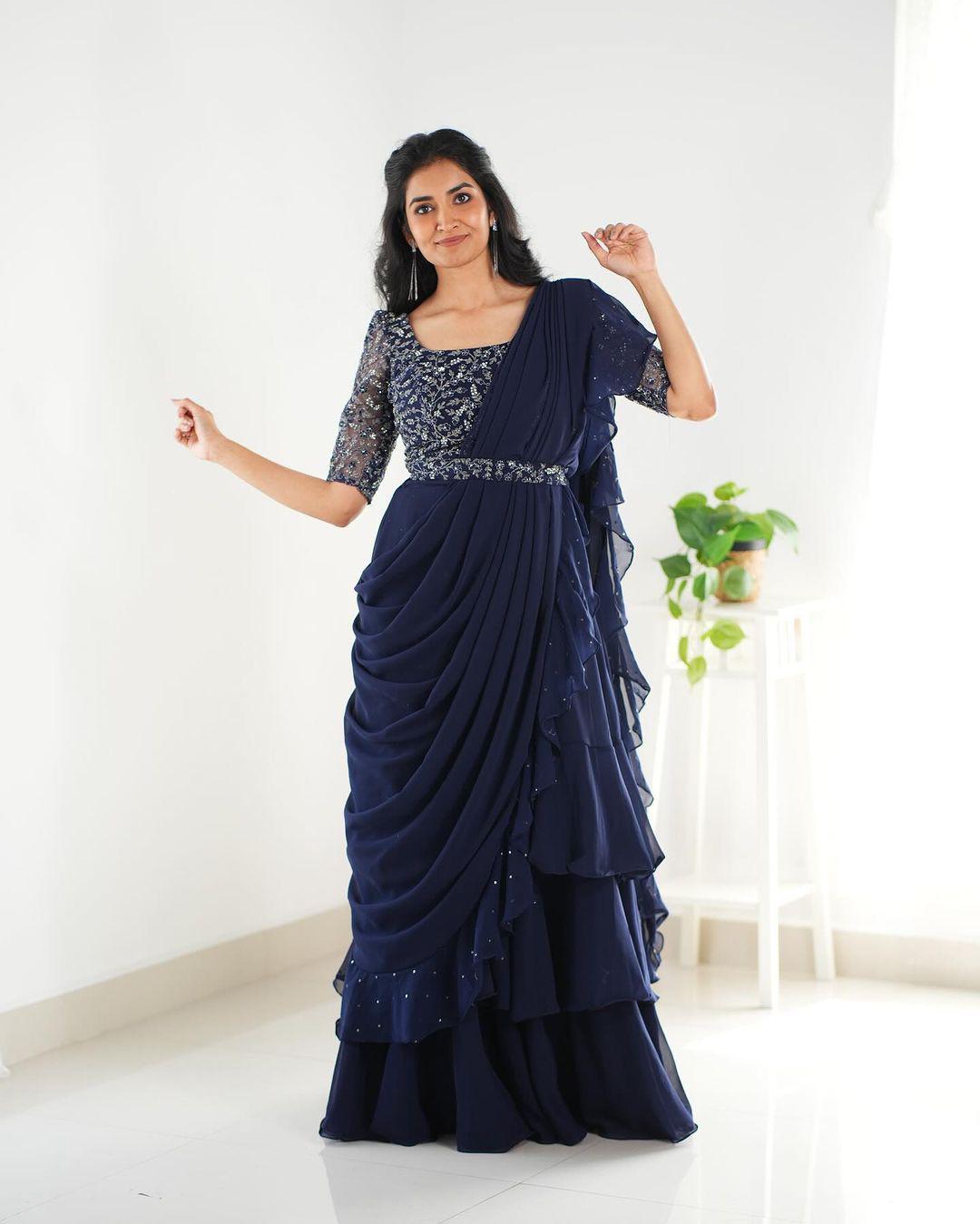 Mother-Daughter Designer Party Wear Lehenga Saree Combo in Navy and Wine