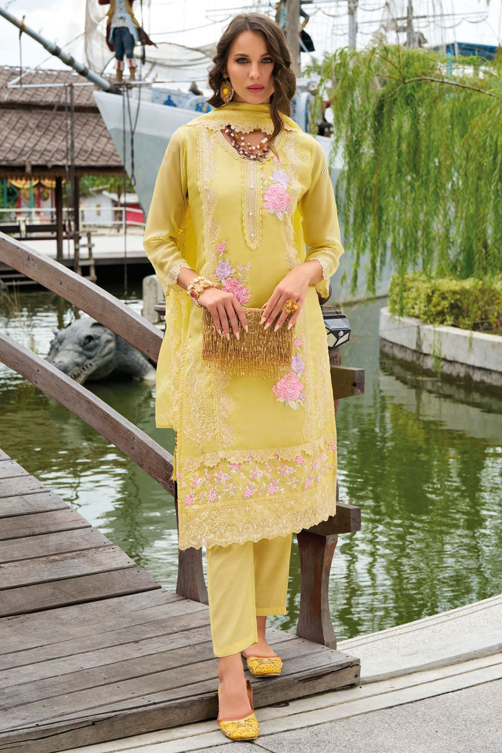 Pastel Yellow Pakistani Style Soft Organza Salwar Kameez Set with Dupatta