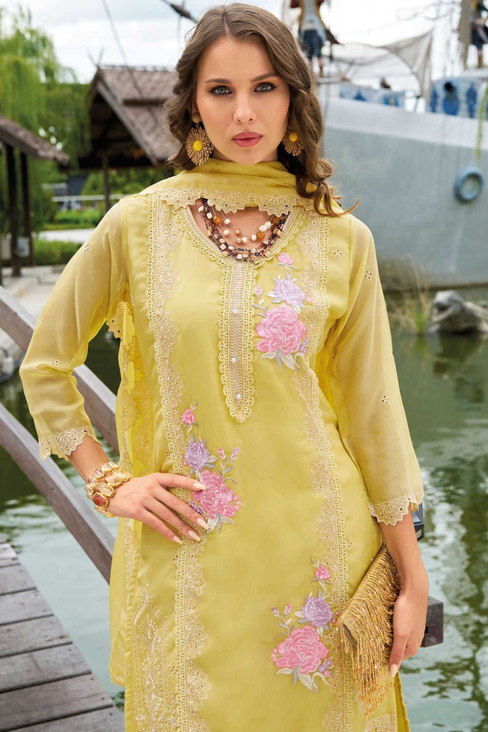 Pastel Yellow Pakistani Style Soft Organza Salwar Kameez Set with Dupatta