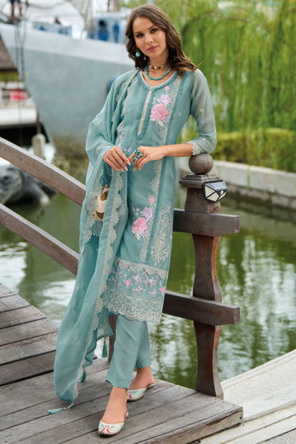 Teal Green Pakistani Style Soft Organza Salwar Kameez Set with Dupatta