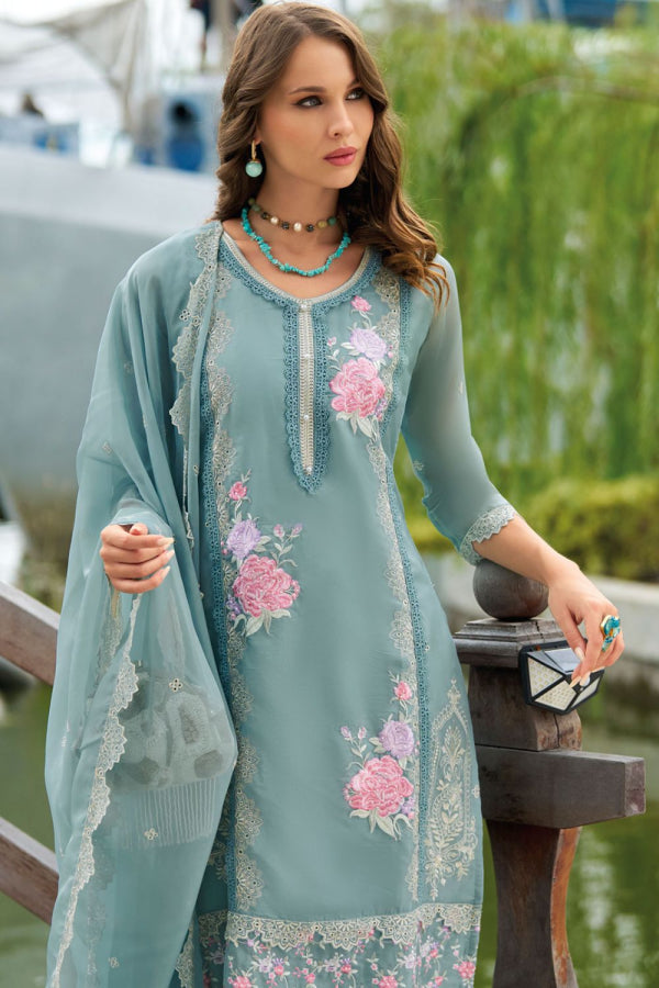 Teal Green Pakistani Style Soft Organza Salwar Kameez Set with Dupatta