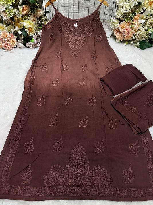 Brown Lucknow Chikankari Noodle Strap Kurta + Pant 3-Piece Set