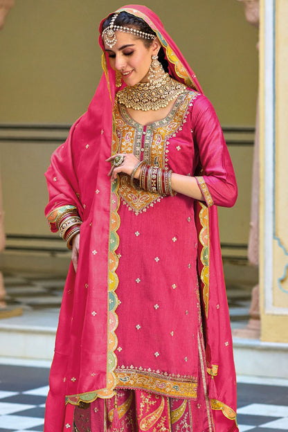 Pink Premium Punjabi Style Chinon Salwar Kameez Palazzo Set with Dupatta