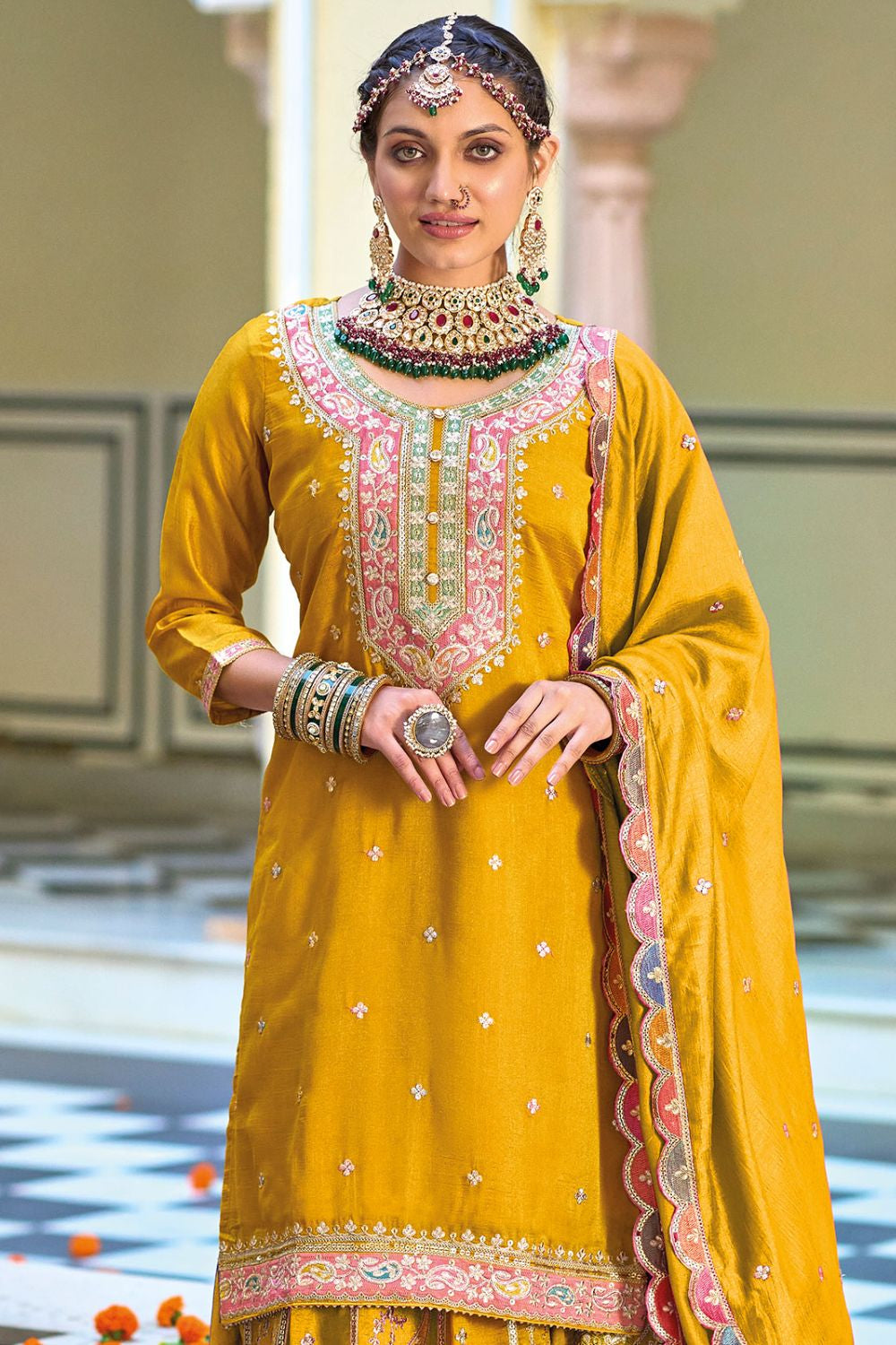 Mustard Premium Punjabi Style Chinon Salwar Kameez Palazzo Set with Dupatta