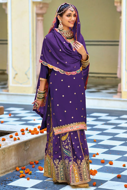 Dark Purple Premium Punjabi Style Chinon Salwar Kameez Palazzo Set with Dupatta