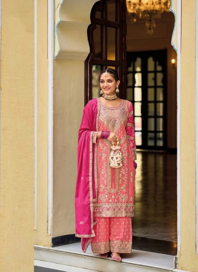 Blush Pink Chinon Silk Embroidered Palazzo Salwar Kameez Dupatta