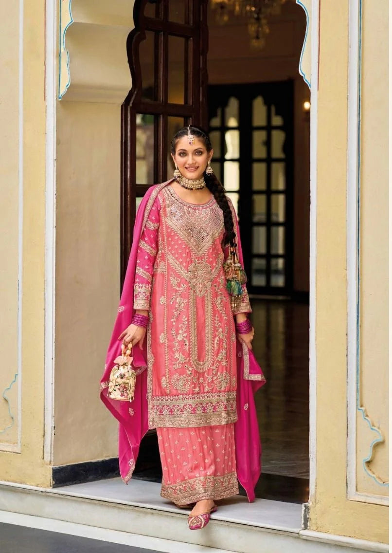 Blush Pink Chinon Silk Embroidered Palazzo Salwar Kameez Dupatta