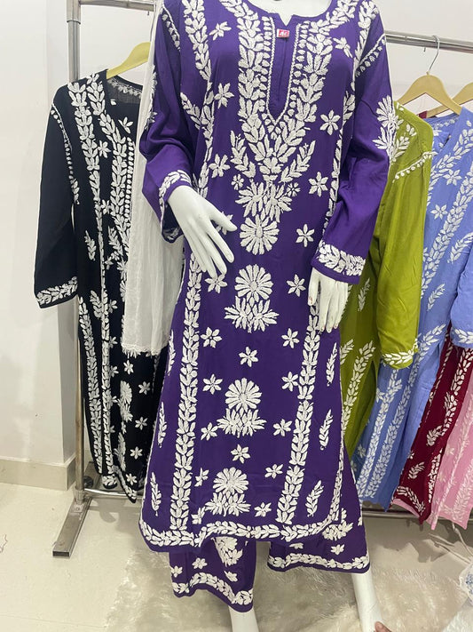 Purple Lucknow Chikankari Long Kurta with Heavy Chikankari Work & Pallazo Set