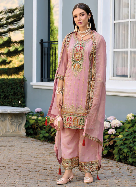 Pink Festive Wear Simar Organza Embroidered Readymade Salwar Kameez Set