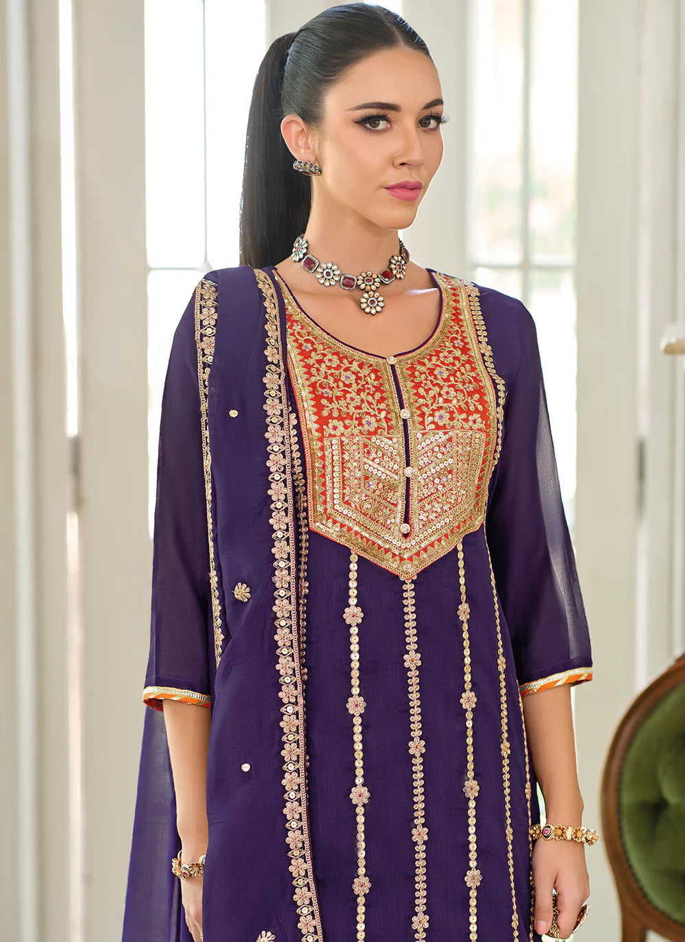 Purple Embroidered Wedding Sharara Suit with Gharara Palazzo and Silk Dupatta