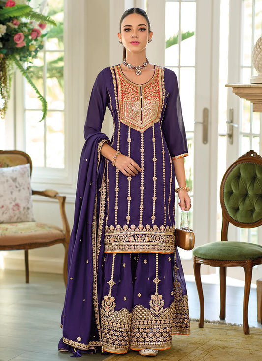 Purple Embroidered Wedding Sharara Suit with Gharara Palazzo and Silk Dupatta