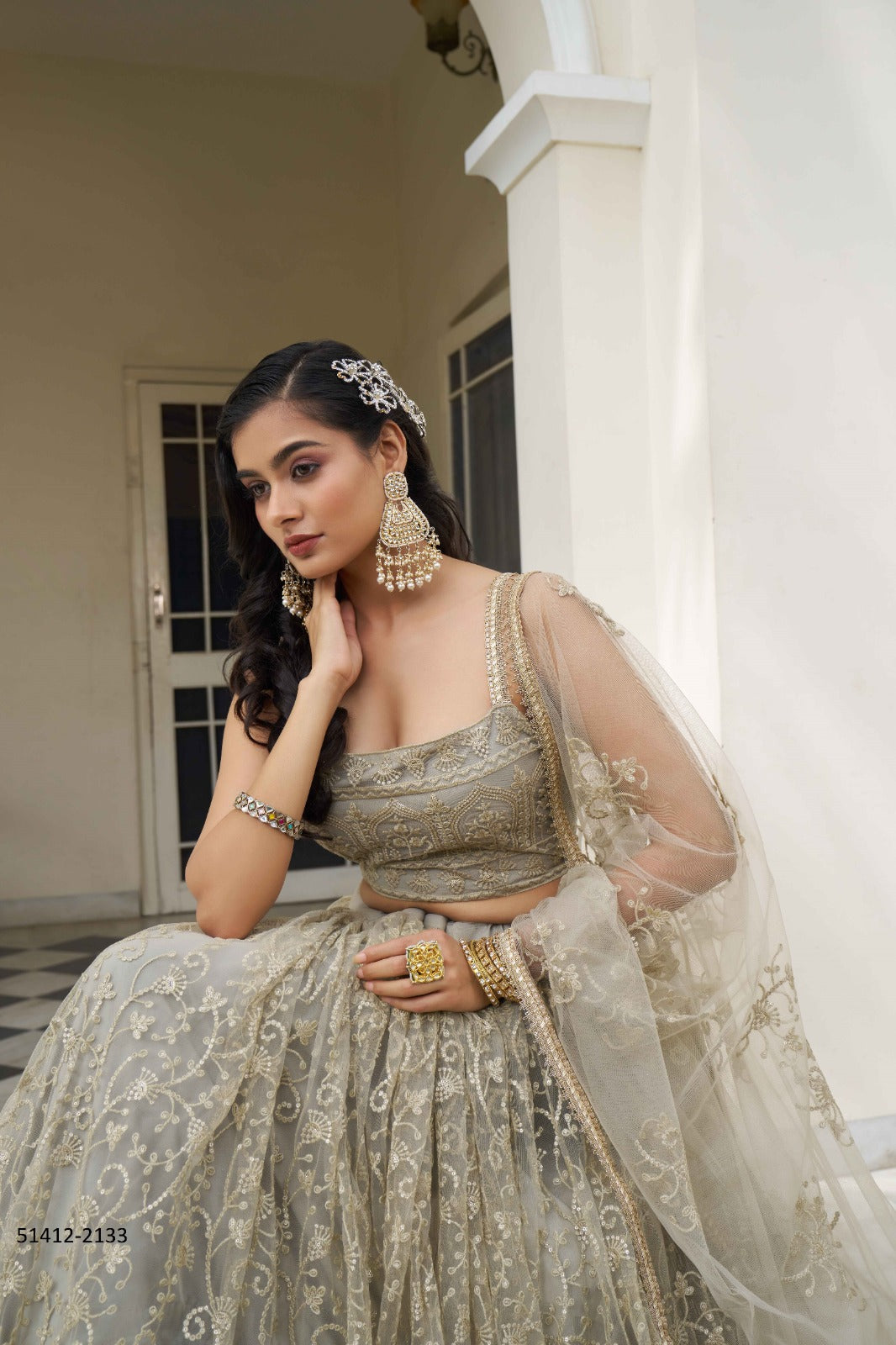 Ivory A-Line Net Bridesmaid Lehenga Choli with Resham and Sequins Work