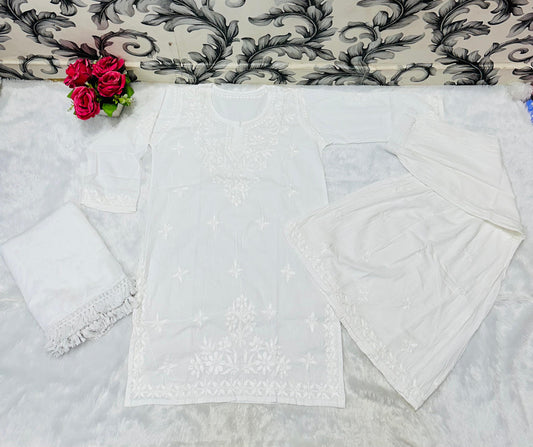 White Beautiful Lucknow Chikankari Work Ombre Dye Short Kurti, Garara & Dupatta Sets