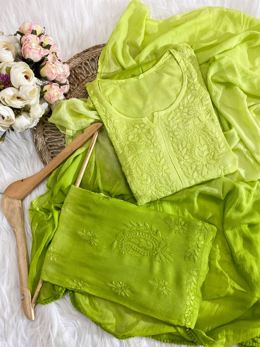 Green Ombre Lucknow Chikankari Kurti, Palazzo, and Dupatta 3-Piece Set