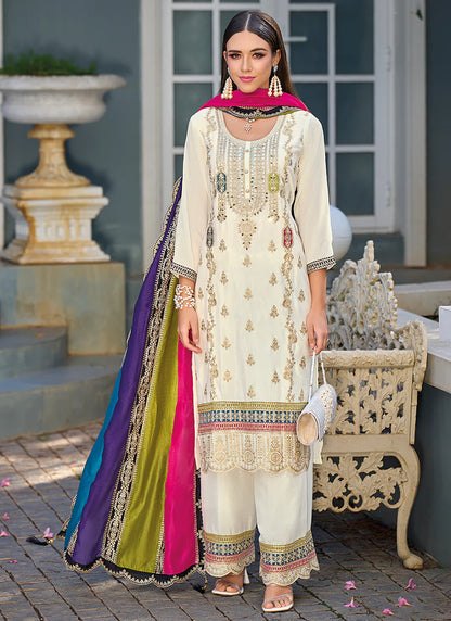 Off-White Premium Embroidery Pant Style Salwar Suit with Vibrant Dupatta