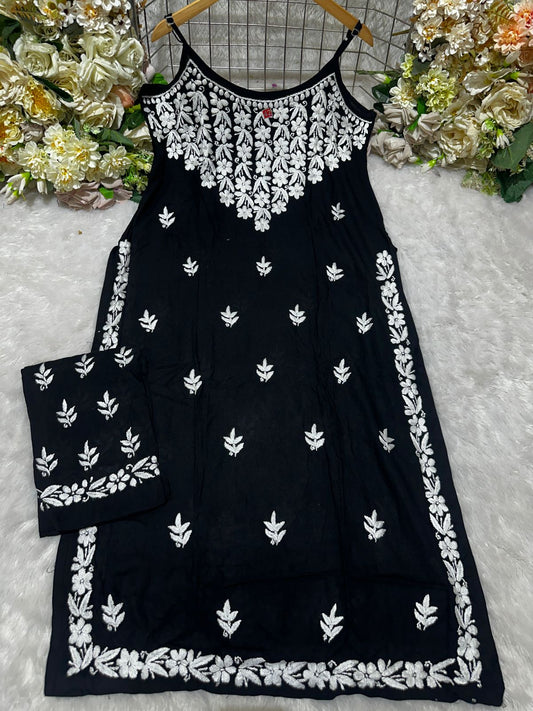 Black Lucknow Chikankari Strappy Kurti and Pant Co-ord Set (Limited Stock)