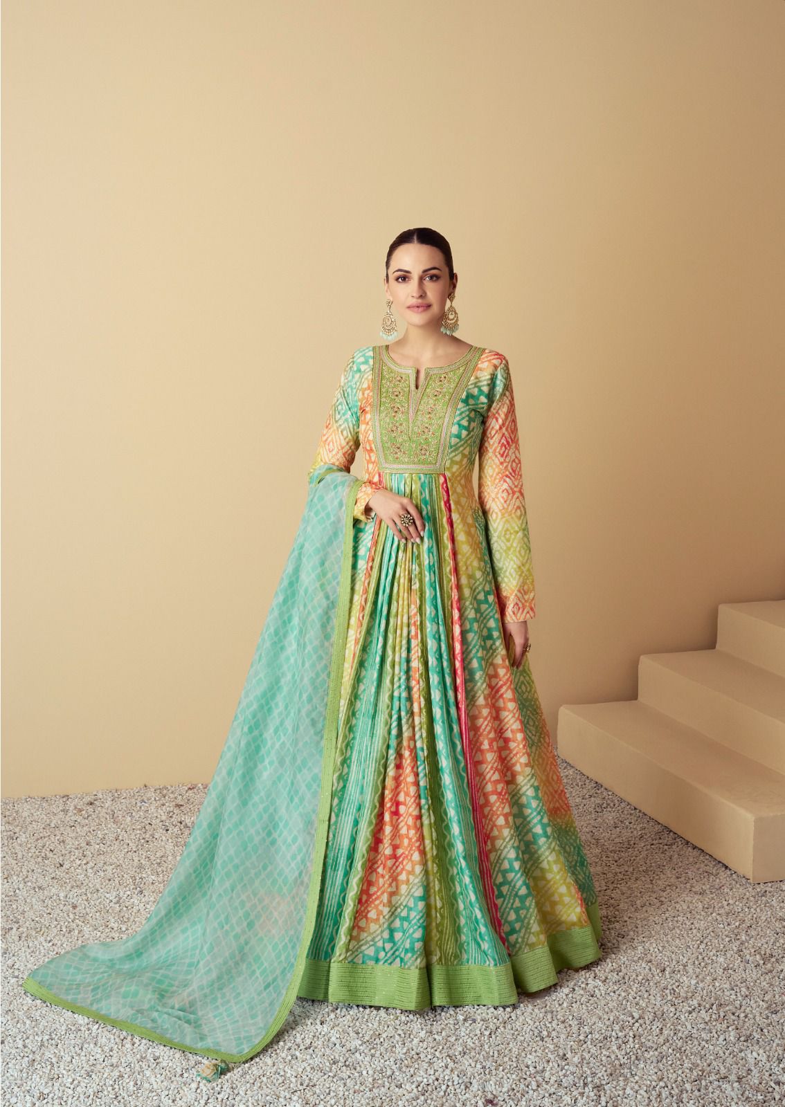 Green multicolor New Muslin Flowy Anarkali Set with Digital Print Dupatta