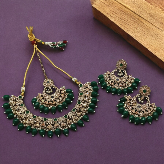 Green Designer Prime Choker Necklace Set with Moti Pearl and Stone Work