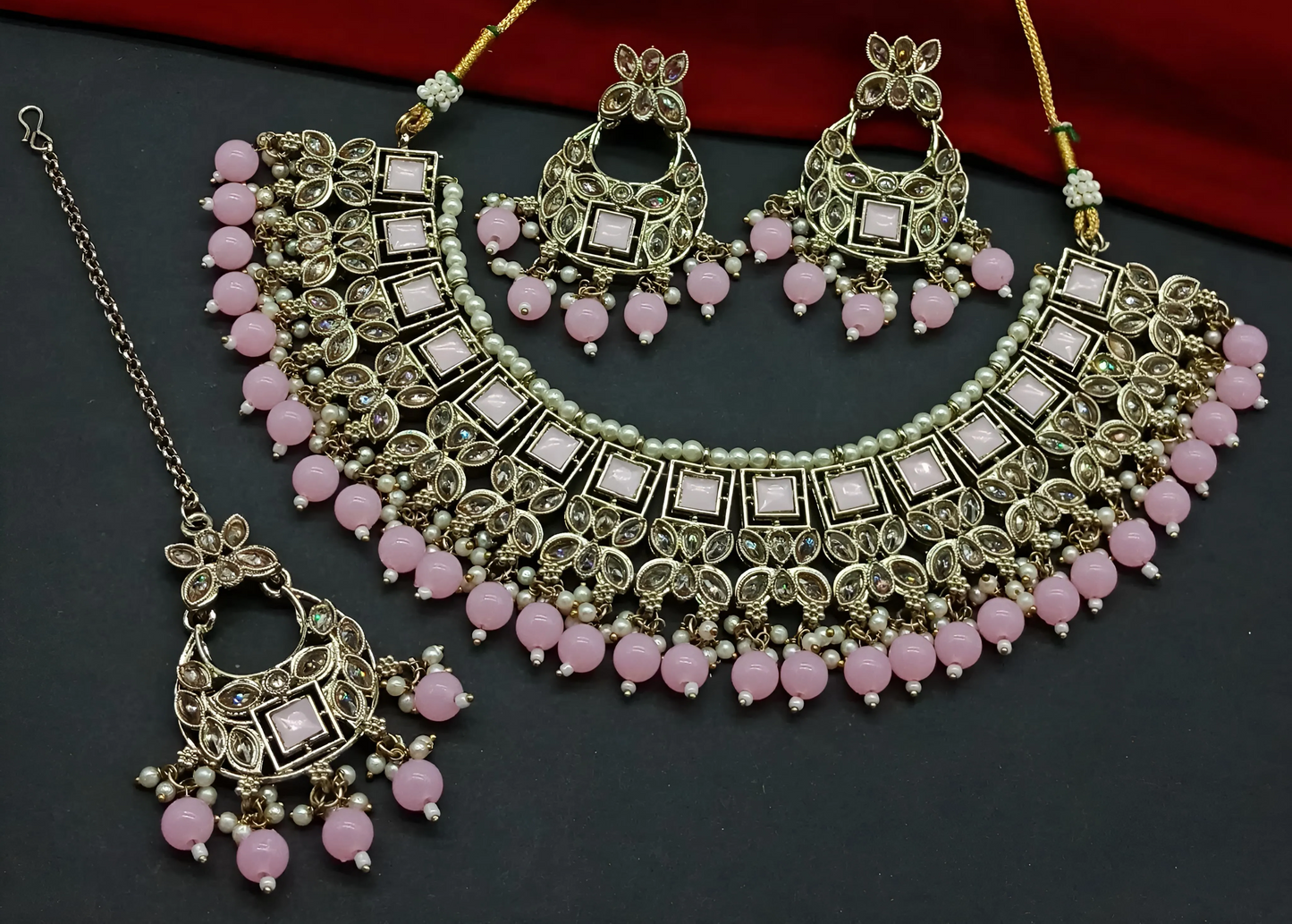 Pink Designer Prime Choker Necklace Set with Moti Pearl and Stone Work With Tikka